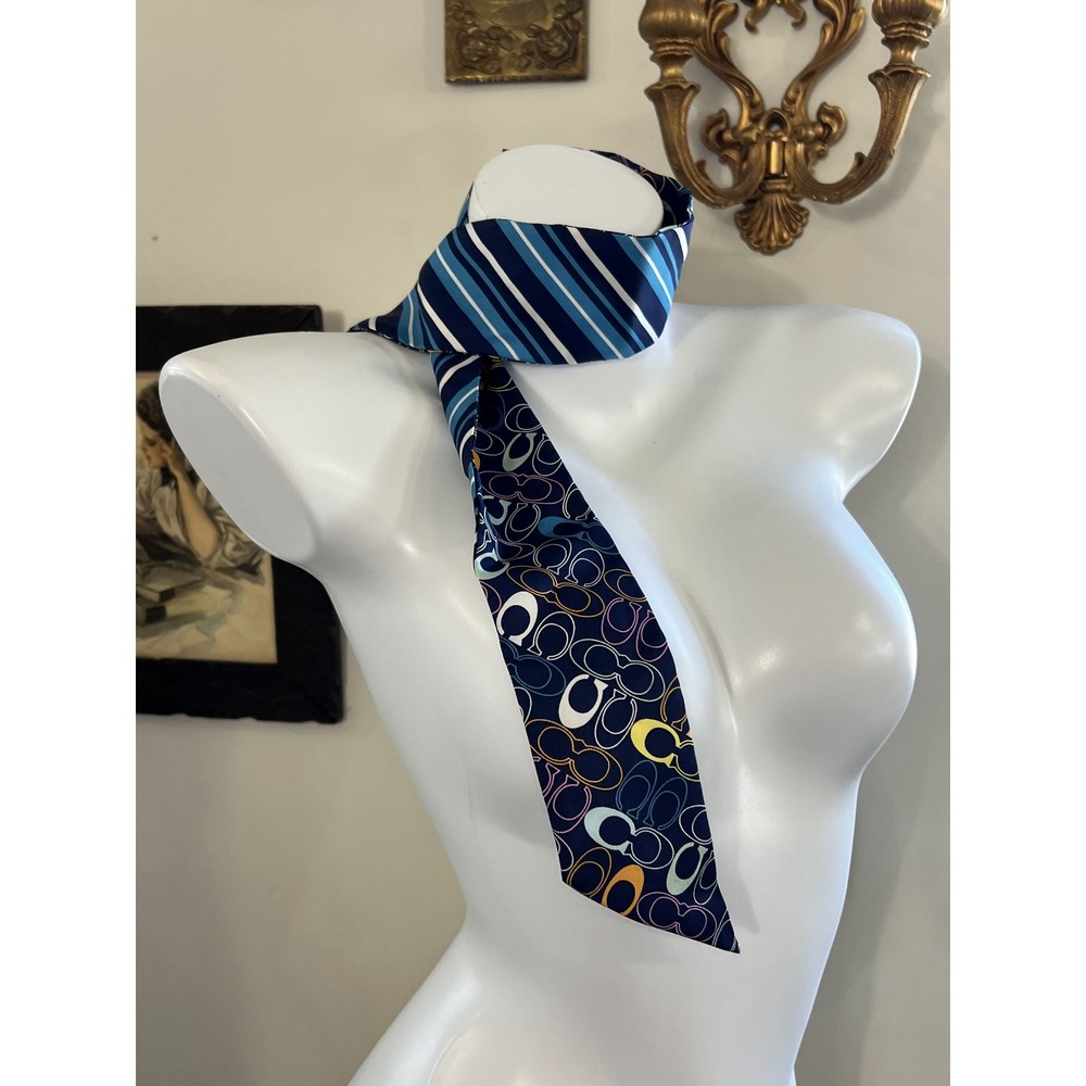 Coach Reversible Blue Signature C Logo Stripe Skinny Silk Neck Scarf 34 Inches